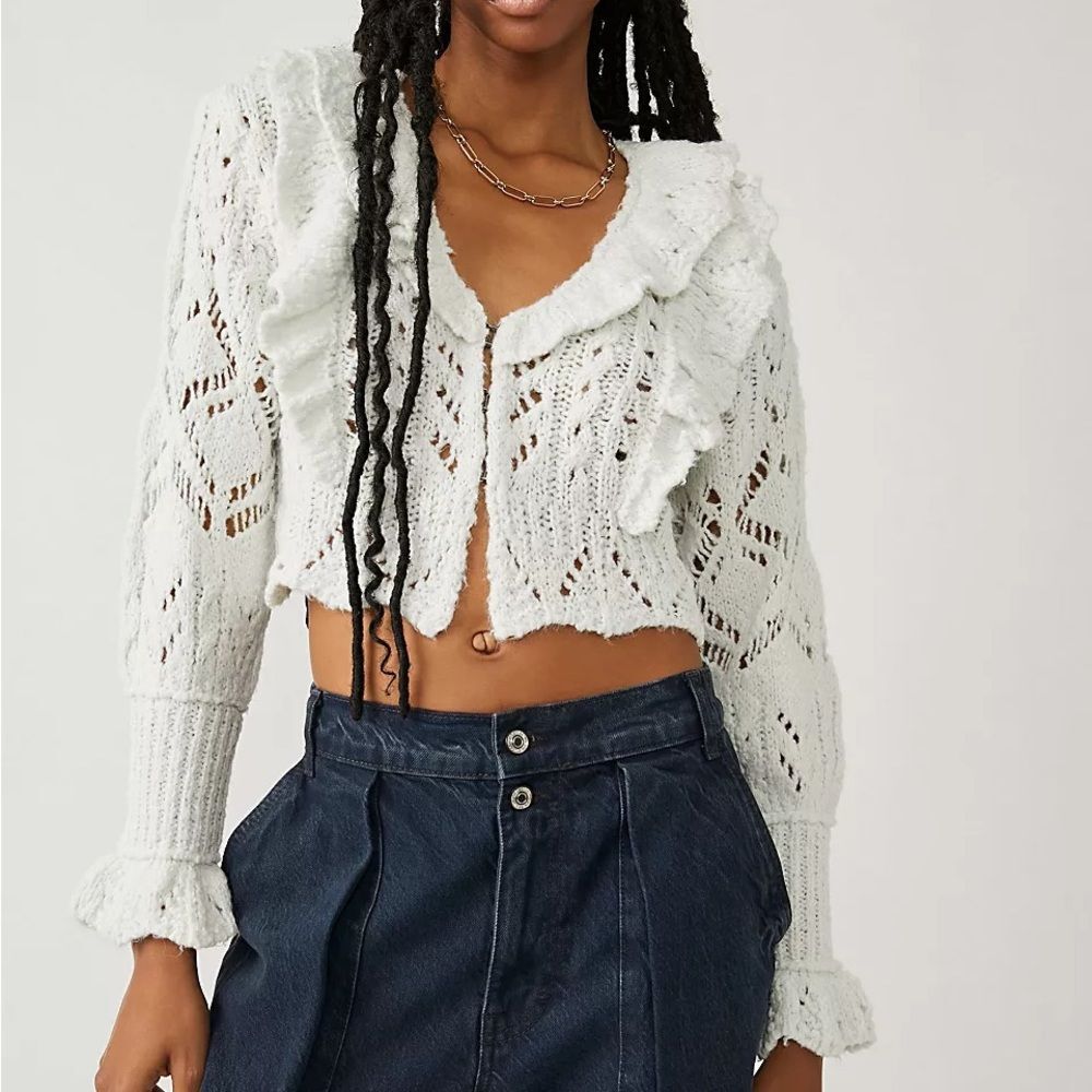 NWT Free People White Avery Open Knit Cropped Cardigan Size Medium